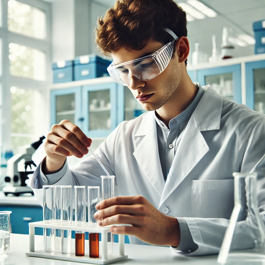 Un joven científico trabaja en un moderno laboratorio. Lleva una bata de laboratorio blanca y gafas de seguridad mientras manipula cuidadosamente un tubo de ensayo. A su alrededor hay otros instrumentos de laboratorio.